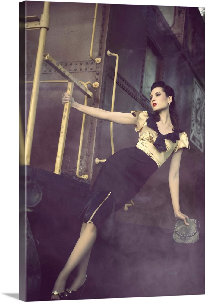 A young vintage 1940s pinup hangs off the side of a smoky train.