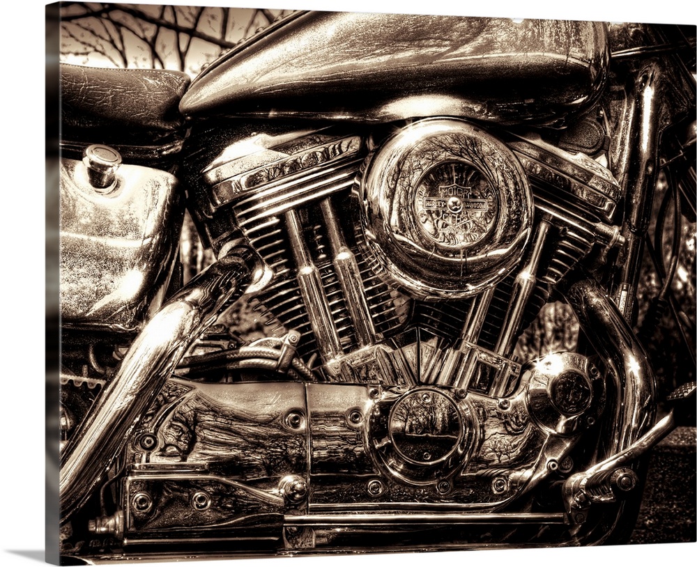 Up-close photograph of engine of Harley Davidson motorcycle.
