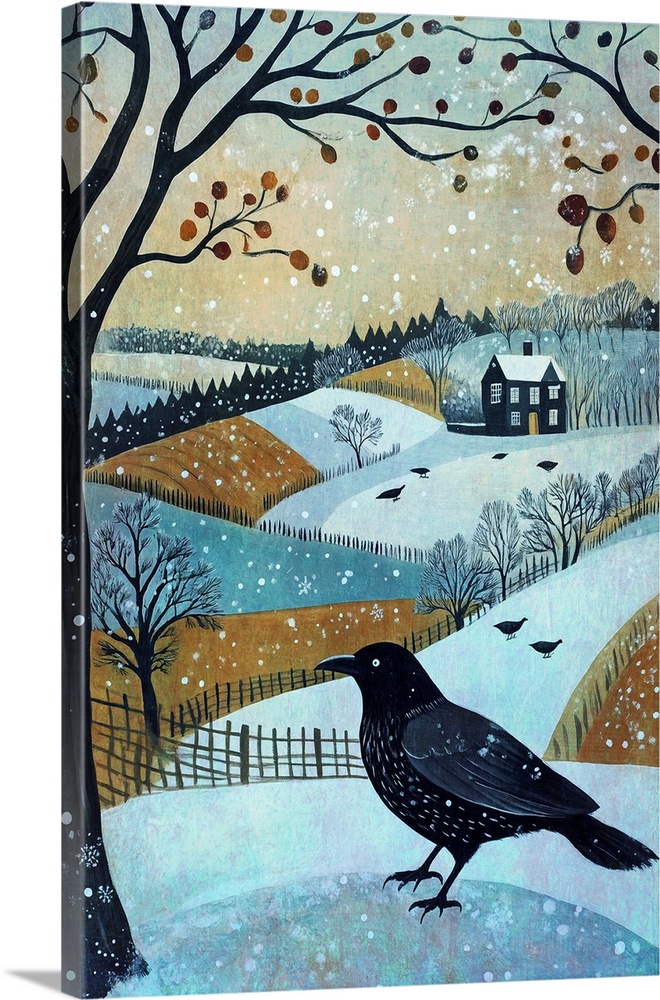A festive winter scene across the sussex landscape in England. with a black crow.