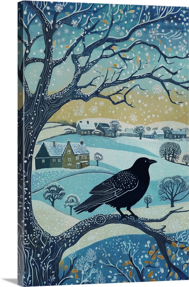A festive winter scene across the sussex landscape in England. with a black crow.