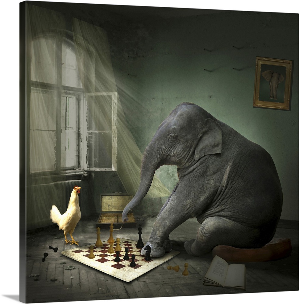 Elephant playing chess with a chicken