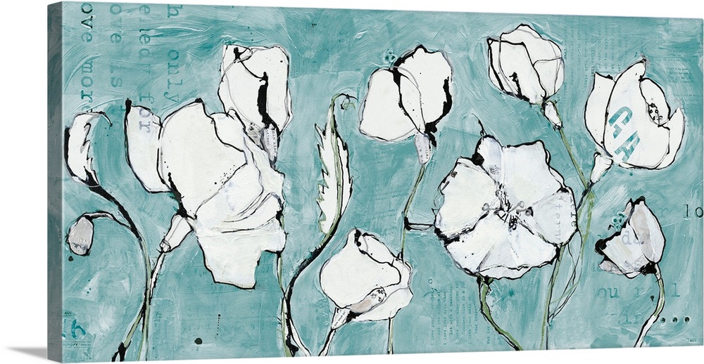 A lhorizontal contemporary painting of a group of white flowers outlined in black on a light blue background with text sho...