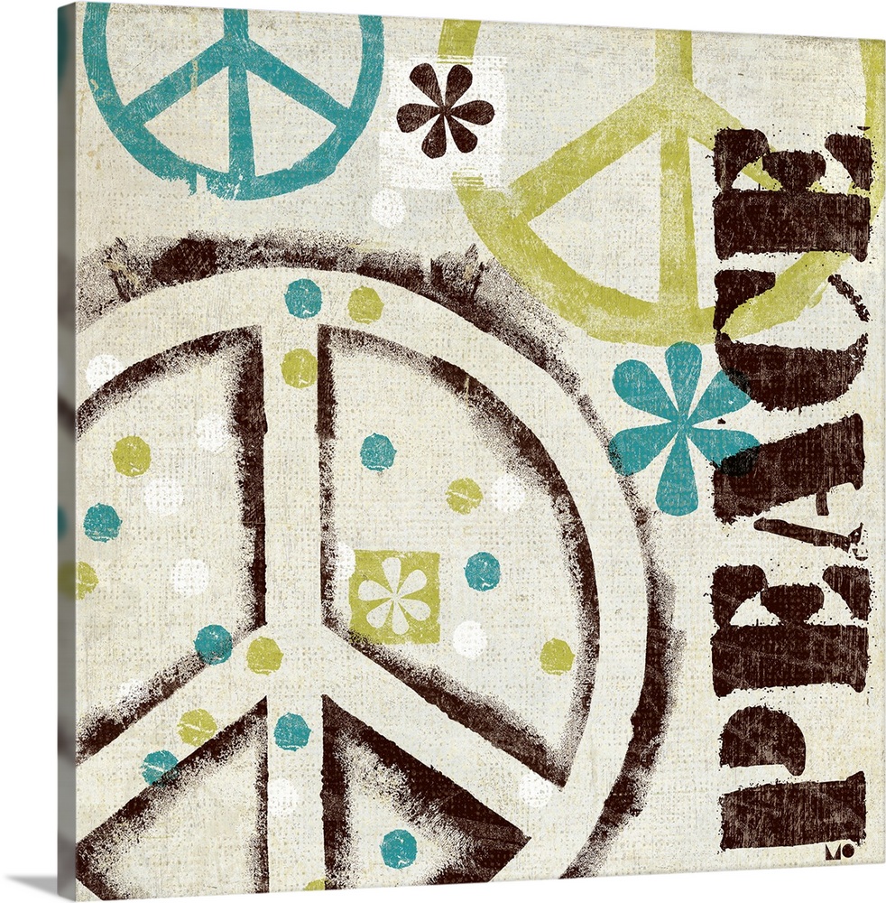 Square retro artwork on a large canvas of several peace symbols surrounded by colorful dots and flowers, the word "peace" ...