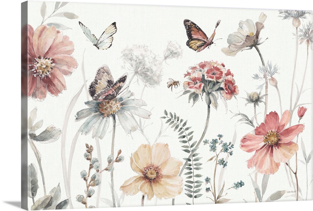Contemporary country artwork of wildflowers with fluttering butterfly over a white background.