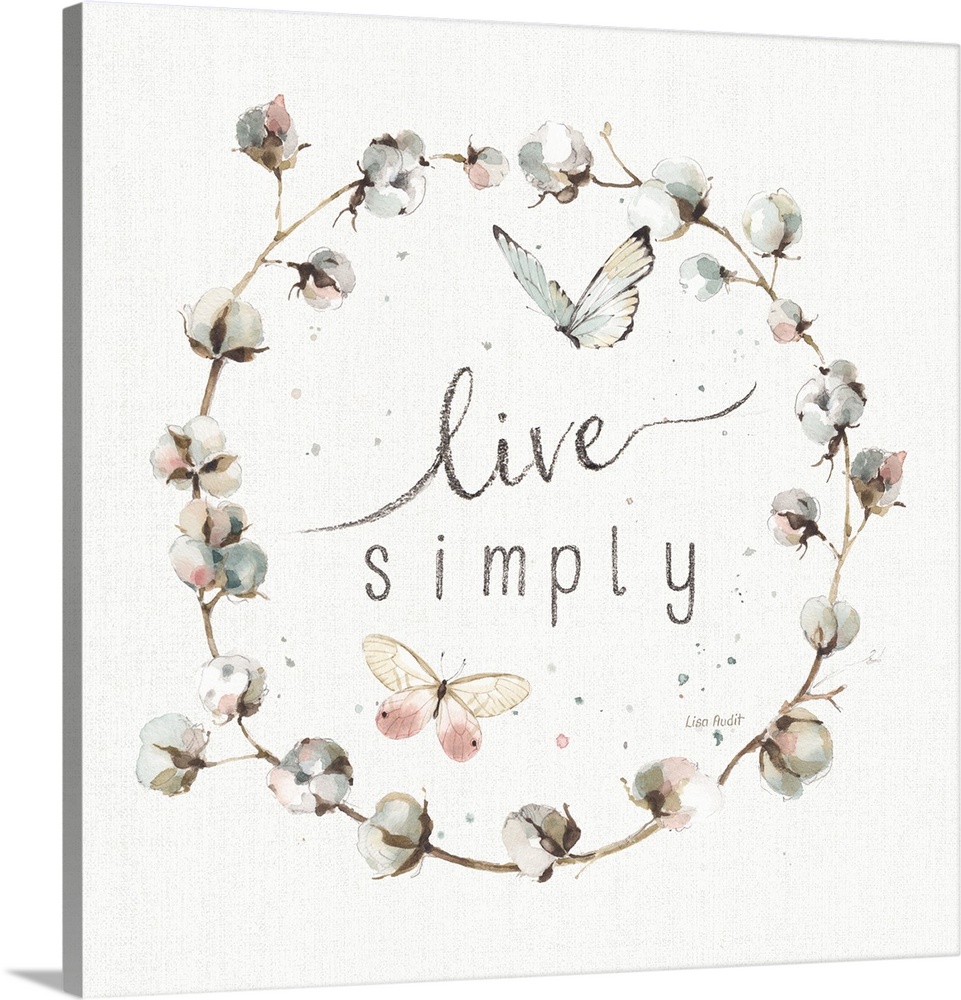 Decorative artwork of a cotton wreath with the words, live simply, in the center.