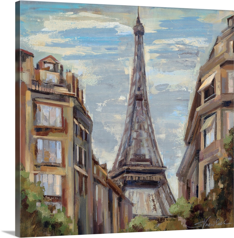 Big, square, scenic painting of tall buildings in Paris, leading to the Eiffel Tower in the center.