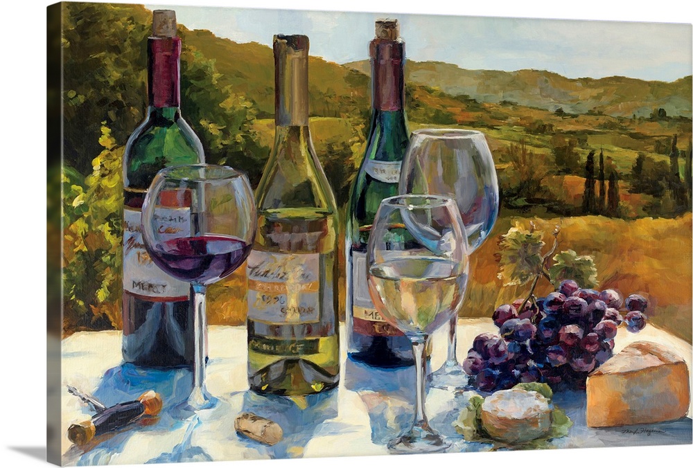 Wall art that is a hybrid still life and landscape painting of cheese, grapes, and red and white wine on display in wine c...