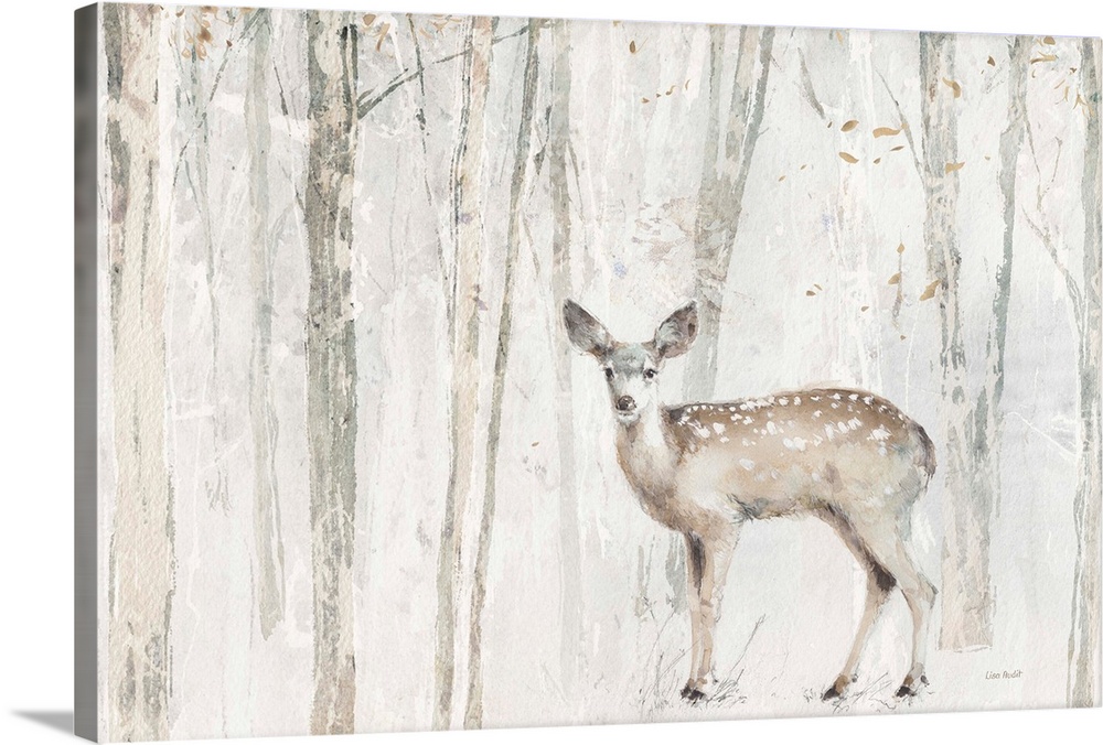 A contemporary of a a young deer in front of a forest with a water-colored neutral background and golden leaves.