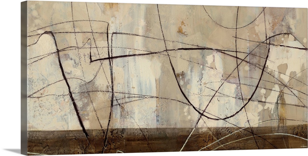 Contemporary abstract painting in shades of brown with bold lines.