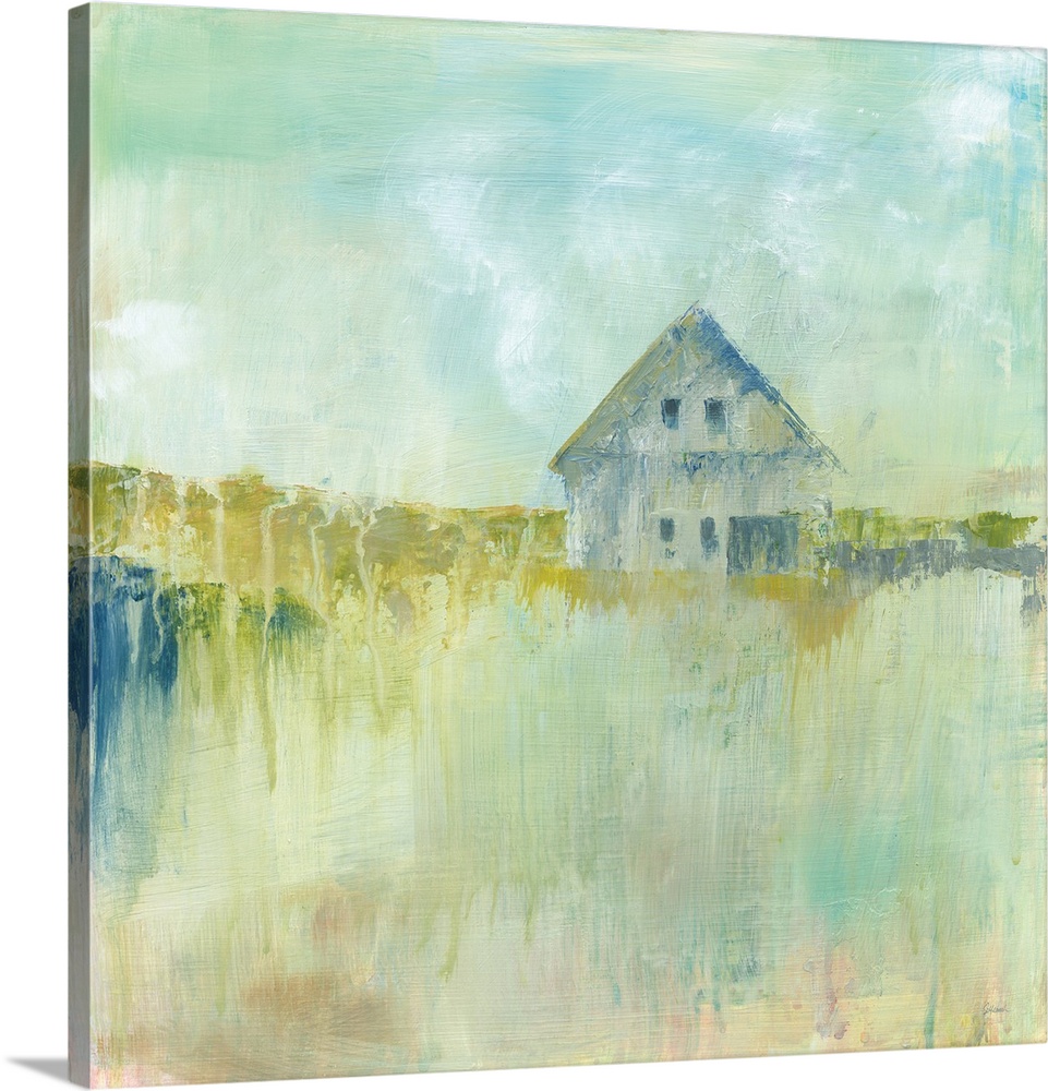 Contemporary artwork of a a house across the fields featuring paint drips and vertical brush strokes.