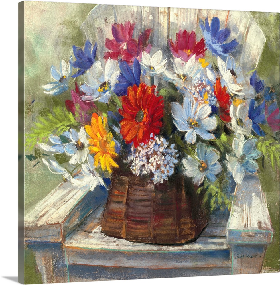 Contemporary painting of a basket of flowers sitting on wooden deck chair.
