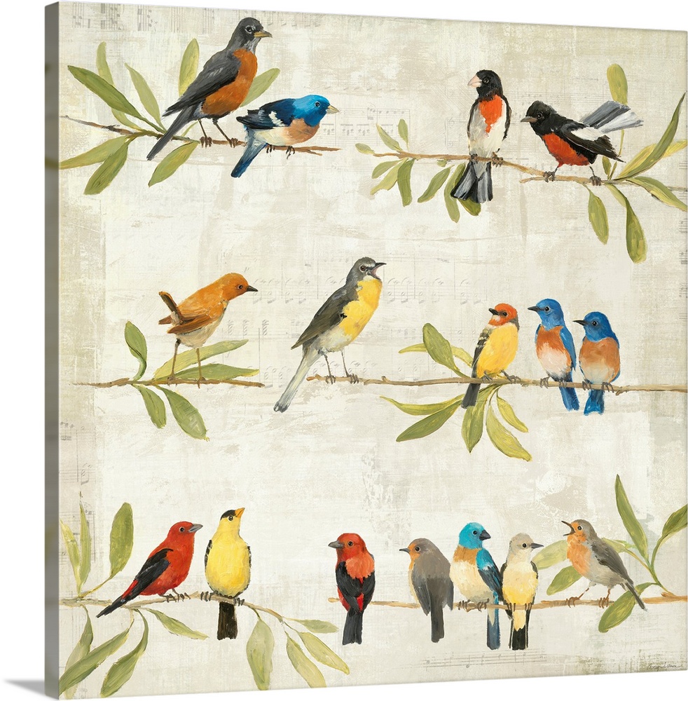 Painting of three rows of branches filled with leaves and birds of different sizes and colors.