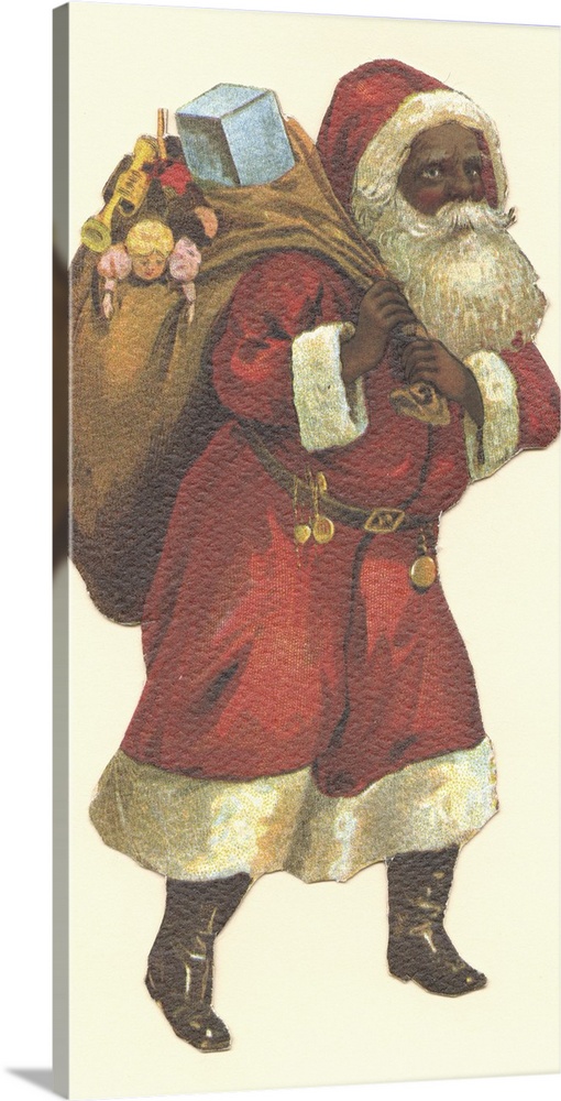 Vintage illustration of Santa Claus carrying a bag full of presents.