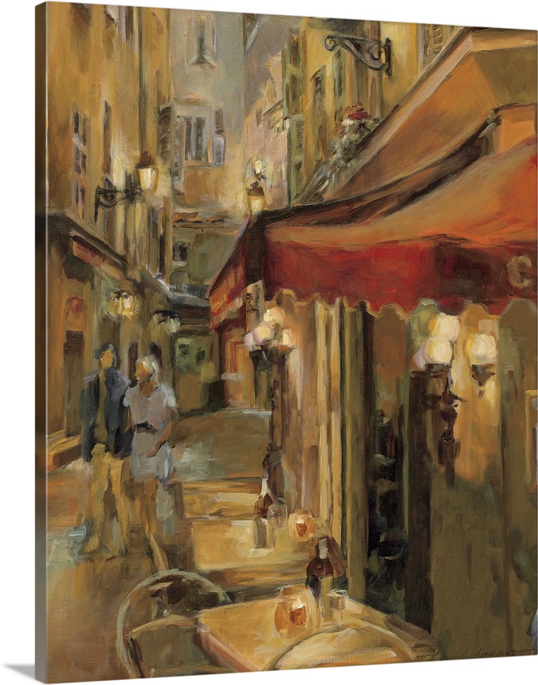 Brushstroke painting of a couple walking the back streets near a cafo in a European town.