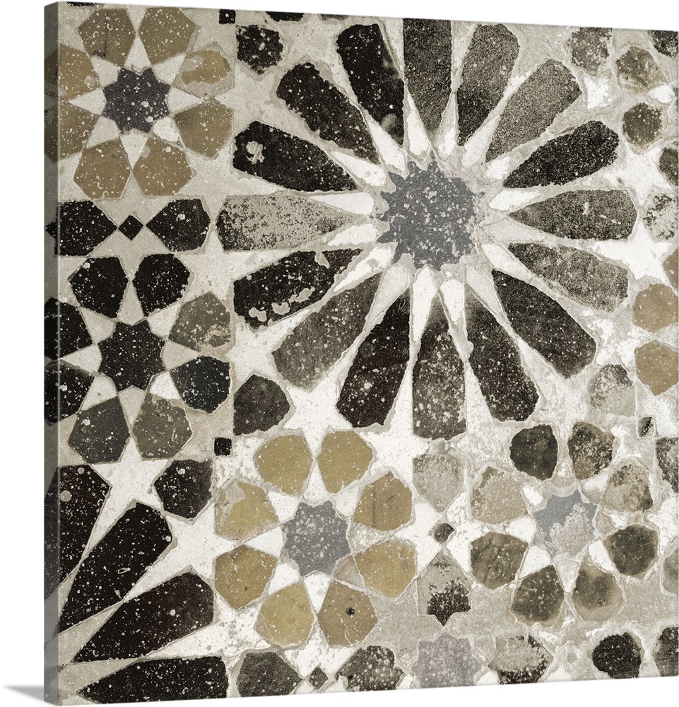 Square image of floral designed tile in shades of black, grey and brown with white speckles overlapping.