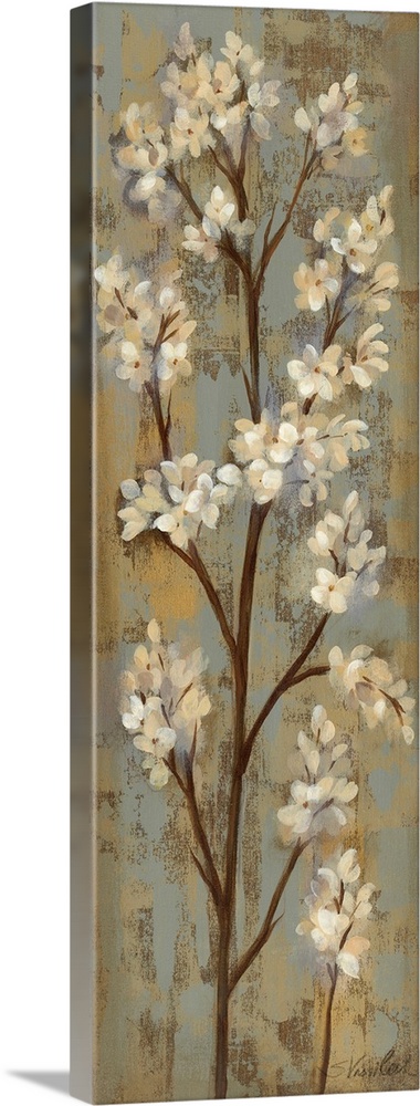 This tall vertical piece consists of a painting of a tall branch with white flower petals.