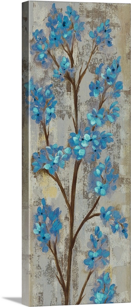 Tall vertical artwork of blue contemporary flowers over distressed background.