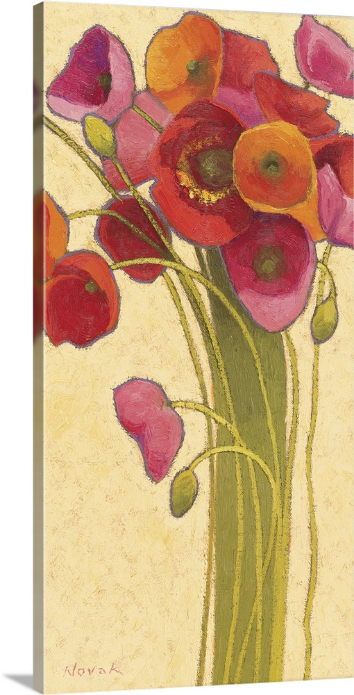 Painting of many long-stemmed Poppies in warm tones against a neutral background.