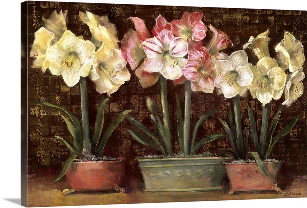 Landscape home art docor on a big canvas of several potted flower arrangements sitting on a counter in front of a tiled, e...
