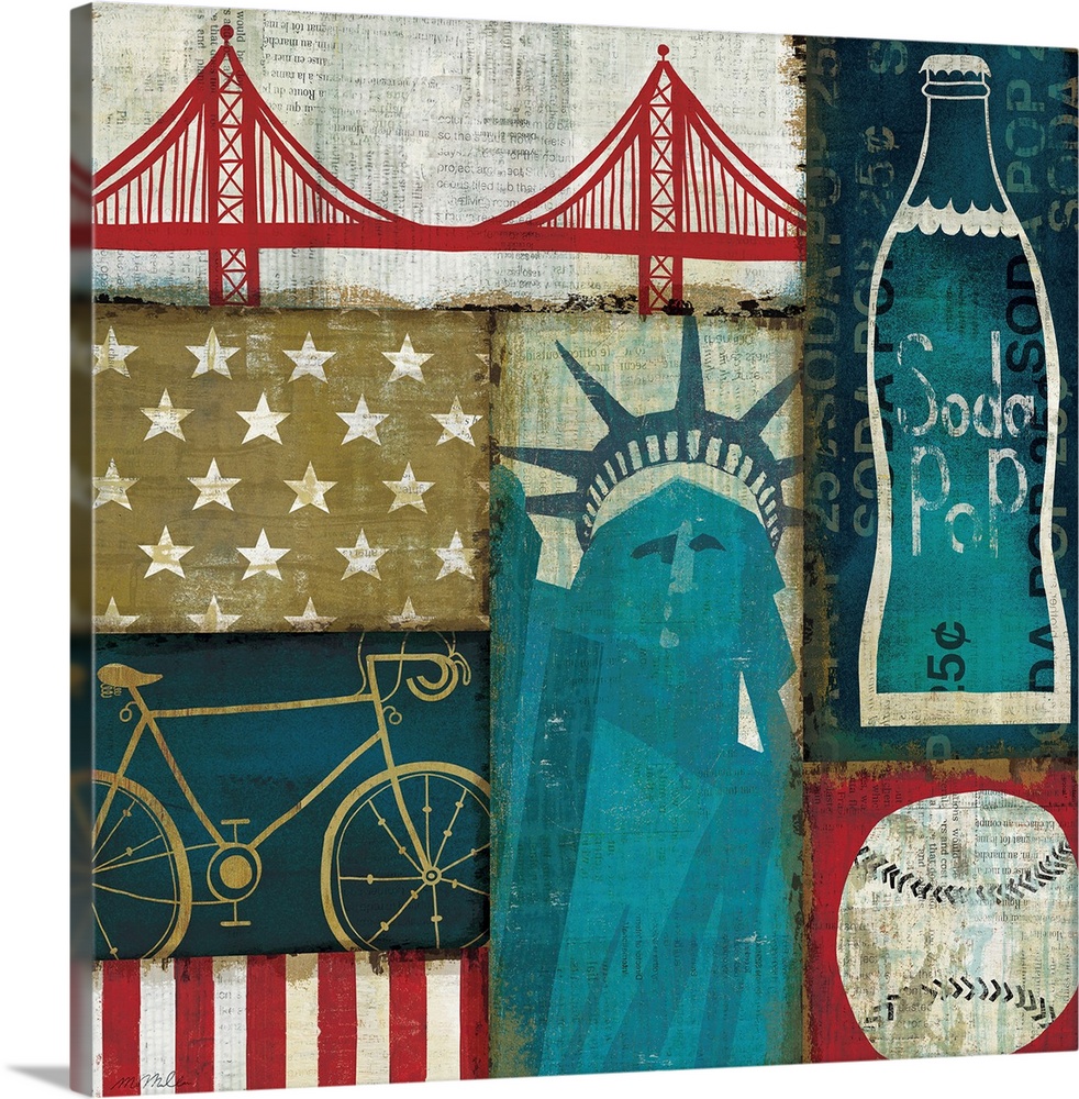 Painting of several United States landmarks and icons including the Statue of Liberty, a baseball, and the Golden Gate Bri...