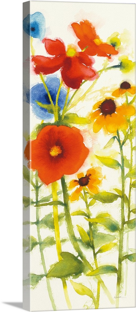 Tall watercolor painting of red, yellow, and blue flowers on a white background.