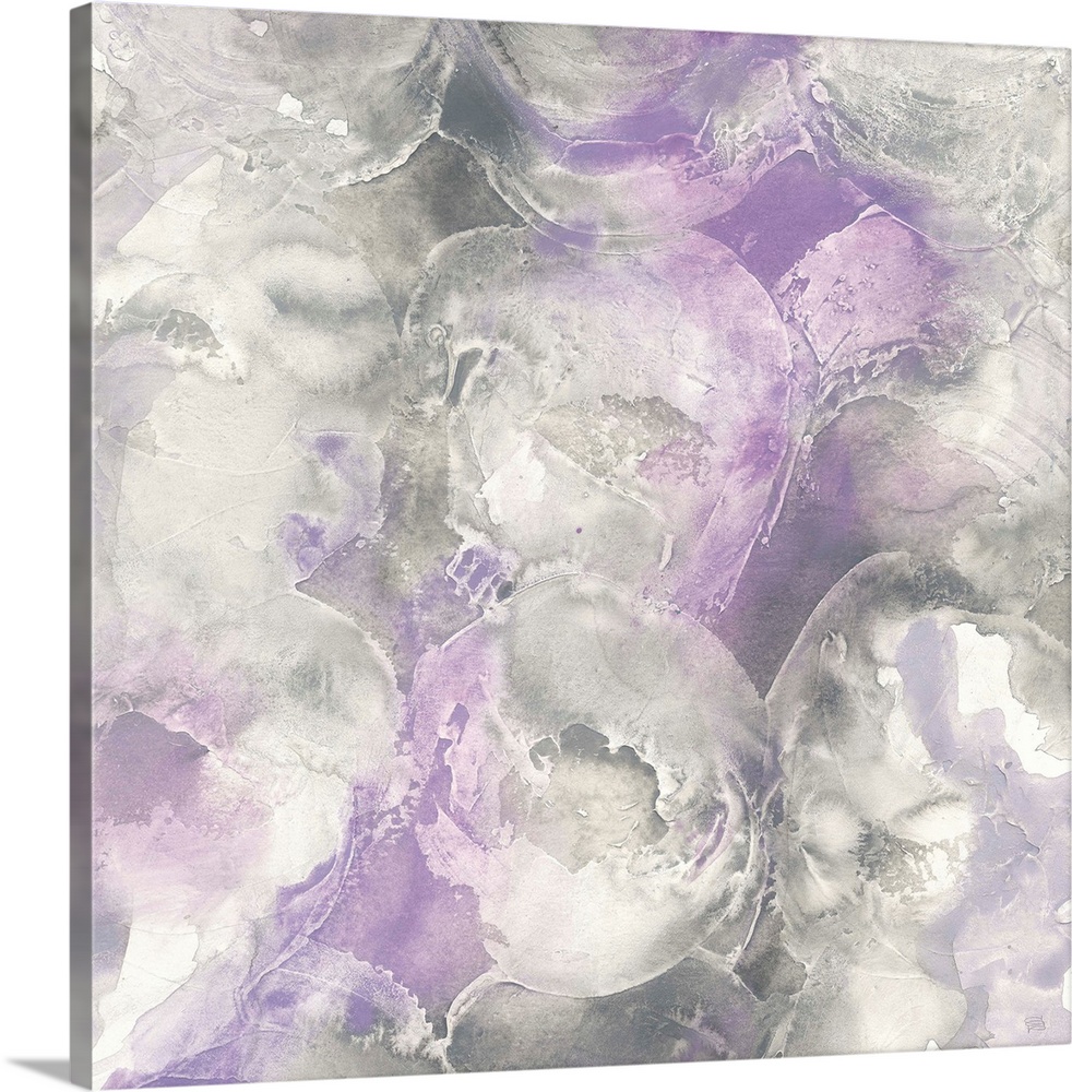 Square abstract painting of textured swirls of grey and purple.