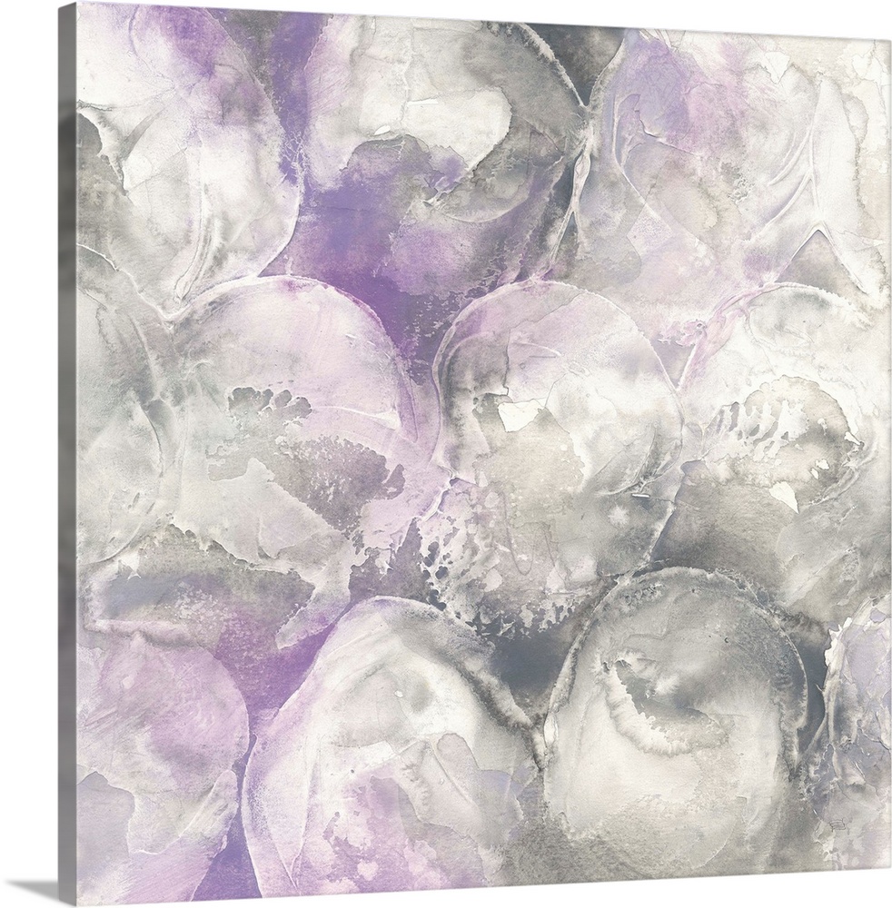 Square abstract painting of textured swirls of grey and purple.