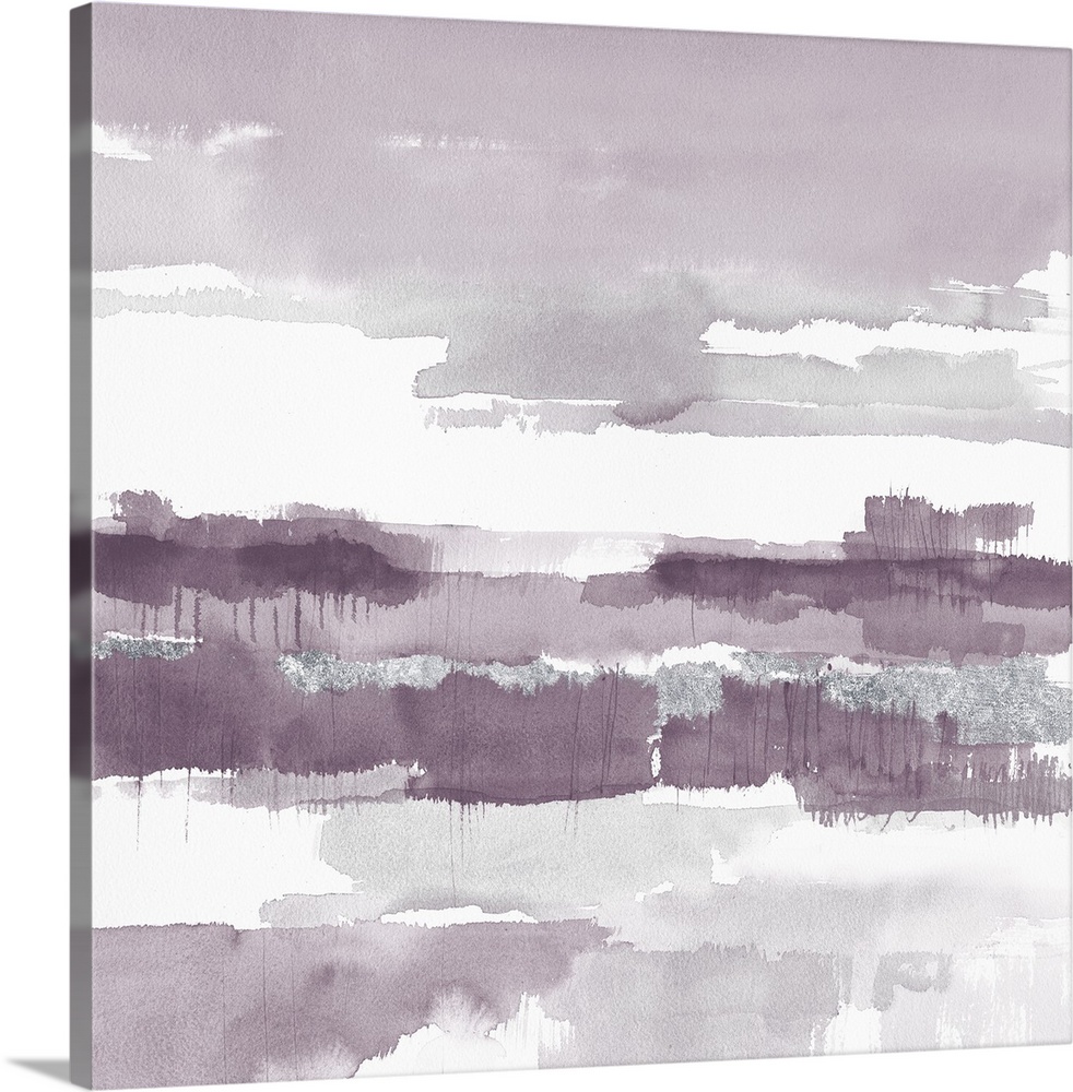 A square watercolor painting of horizontal brush strokes in shades of light purple and grey.