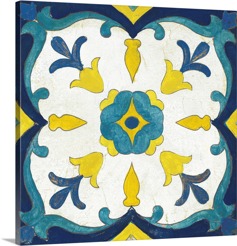 Decorative square painting of a floral tile design in colors of blue, yellow and white.