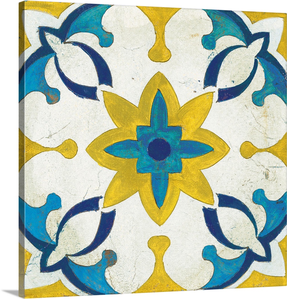 Decorative square painting of a floral tile design in colors of blue, yellow and white.