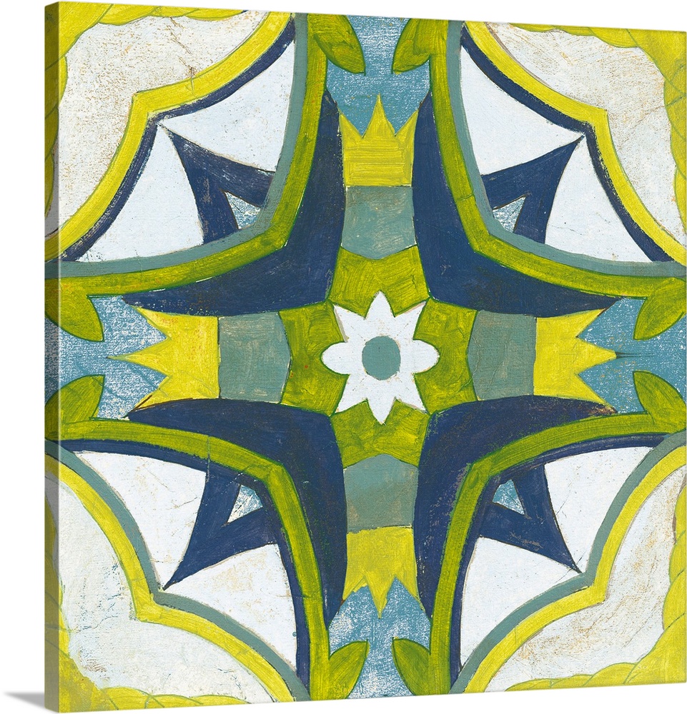 Decorative square painting of a floral tile design in colors of blue, green, yellow and white.