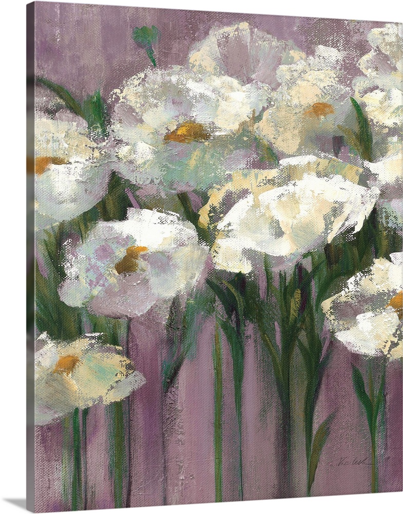 Contemporary artwork of white flowers close-up in the frame of the image. Against a dark purple background.