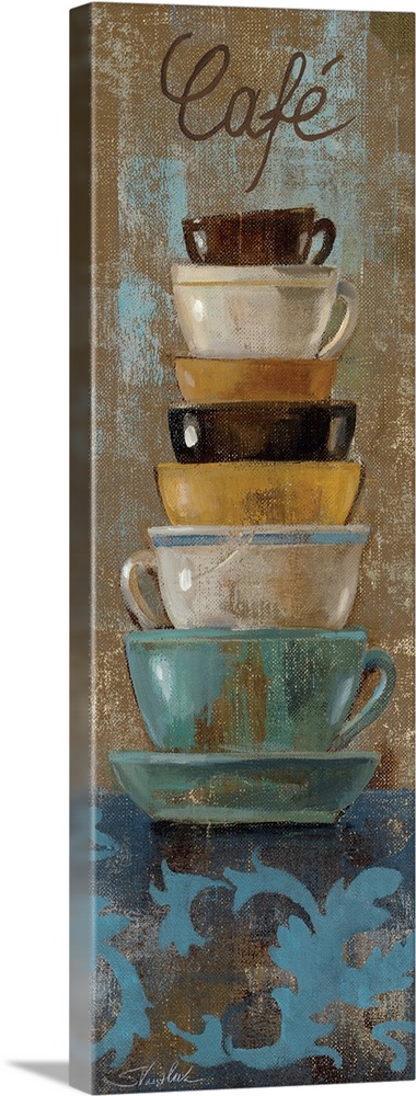 Vertical painting of colorful stacked teacups on a textured background and indicating a Cafo in text at the top.