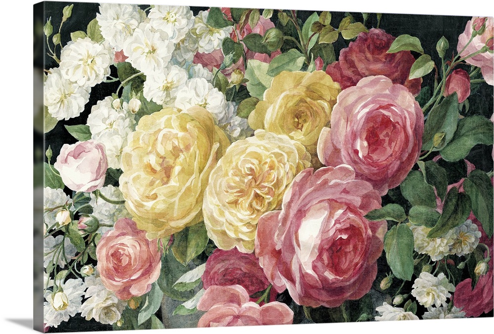 Contemporary still life painting of large pink and yellow roses in an antique style.