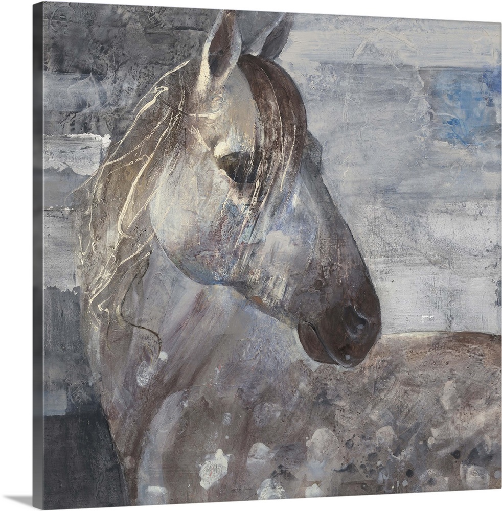 Painting of a spotted appaloosa horse with its head turned around.