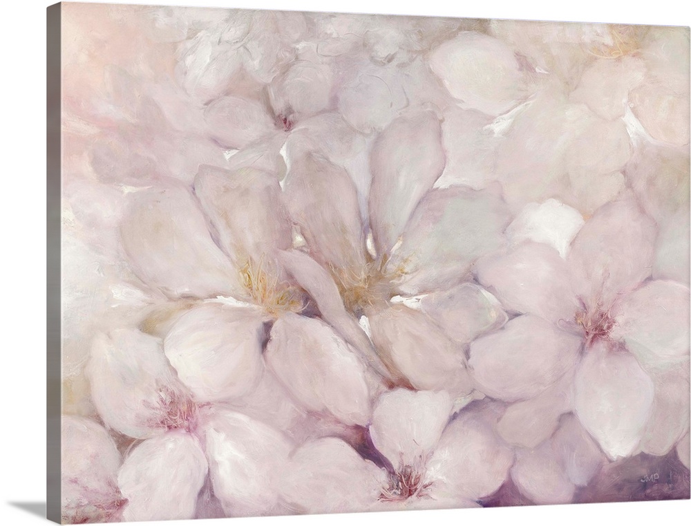 Abstract painting of apple blossom flowers with warm pink and purple tones.