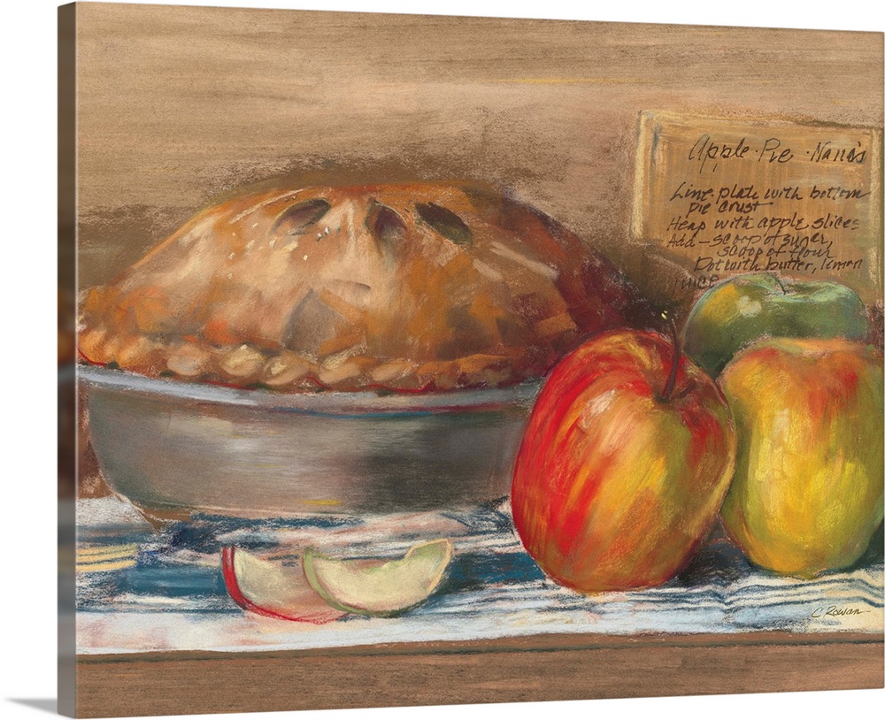 Contemporary painting of a pie next to two apples.