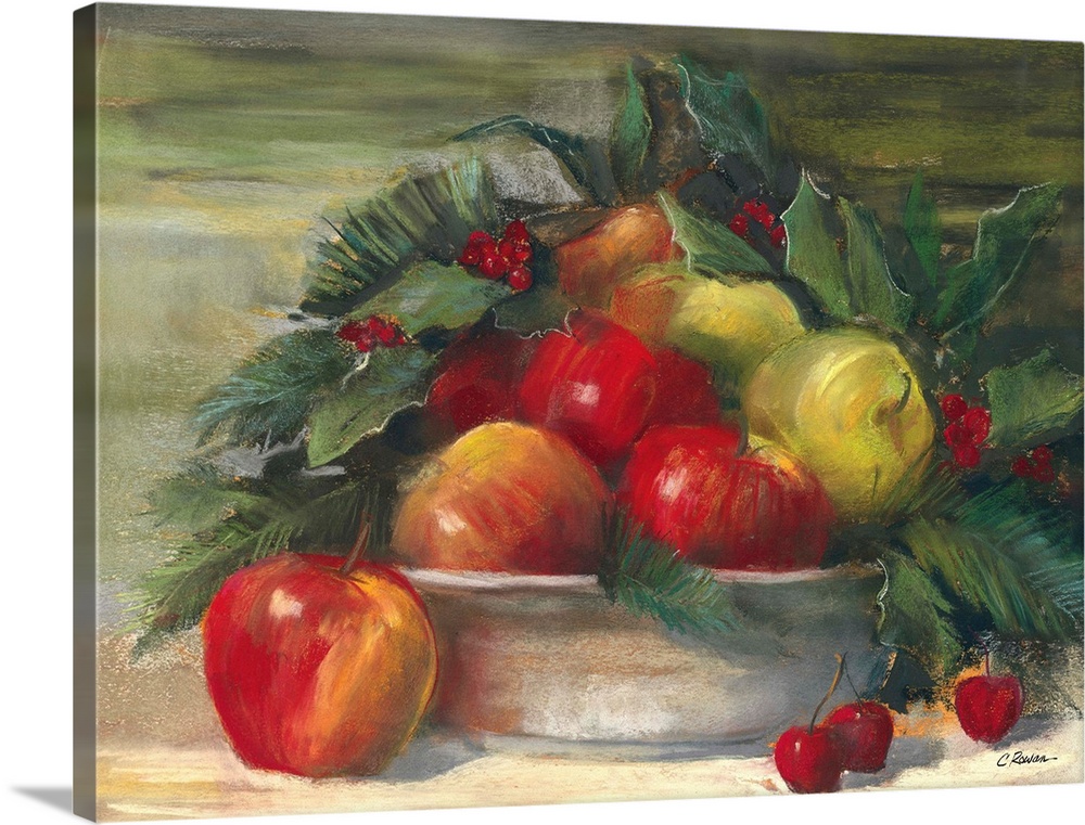 Contemporary painting of a bowl of lush looking fruit.