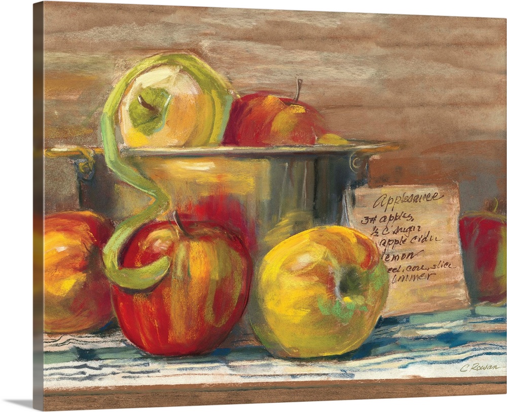 Contemporary painting of a bucket of apples.