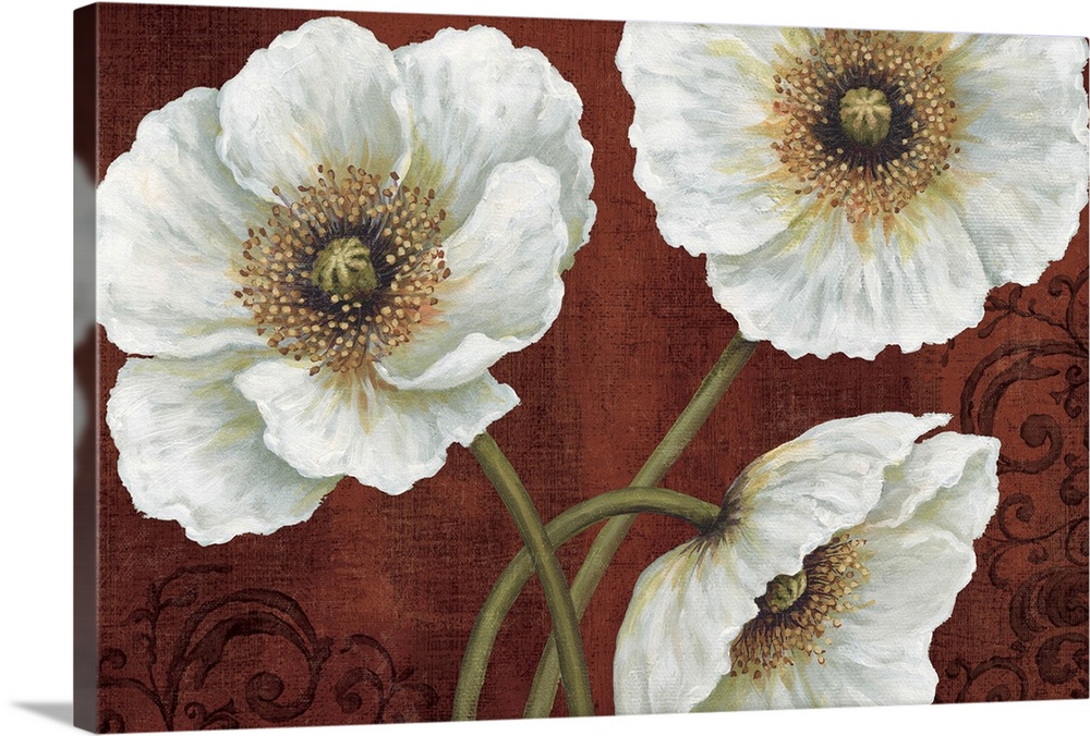 Big, horizontal docor wall art of three large white flowers, two upright and one slightly dropping, on a warm background w...