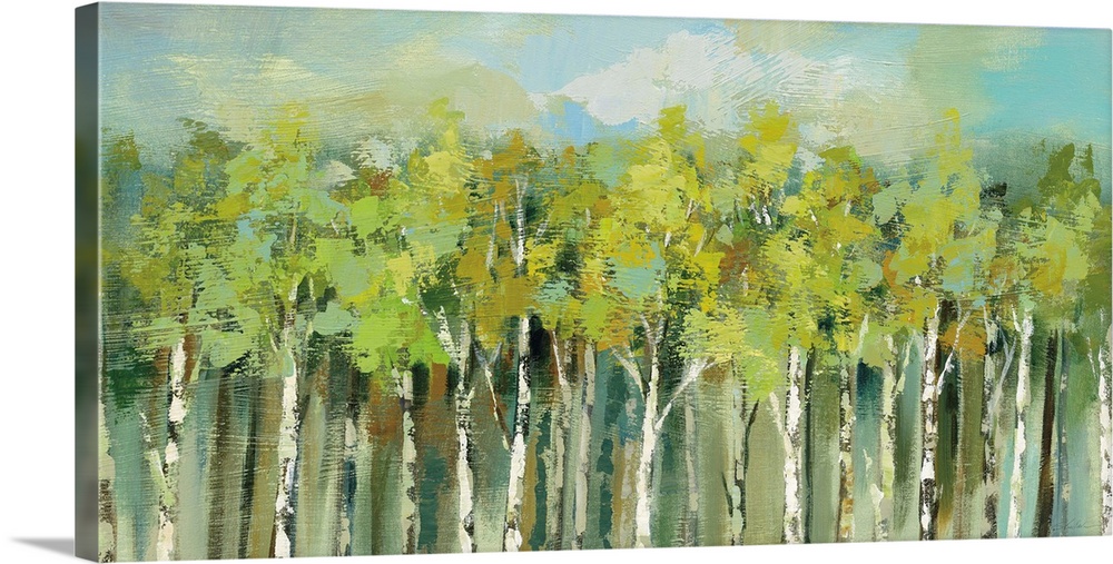 Large abstract painting of woods full of birch trees with tree tops in various shades of green and a blue sky.
