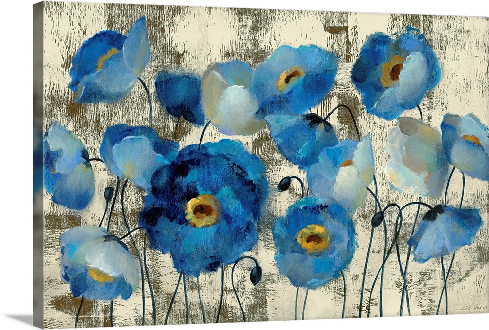 Big contemporary art that illustrates flowers and flower buds against a rough background.