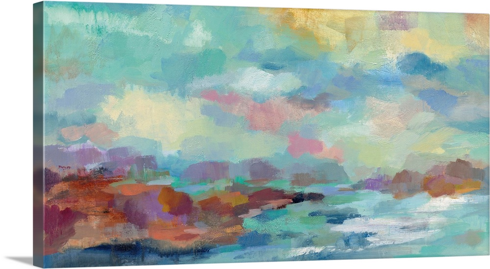 Semi-abstract contemporary painting of a seascape with a rocky coast.