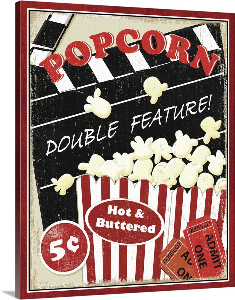 Portrait, vintage artwork on a big wall hanging, advertising popcorn at the movies for five cents.  A container of "Hot & ...