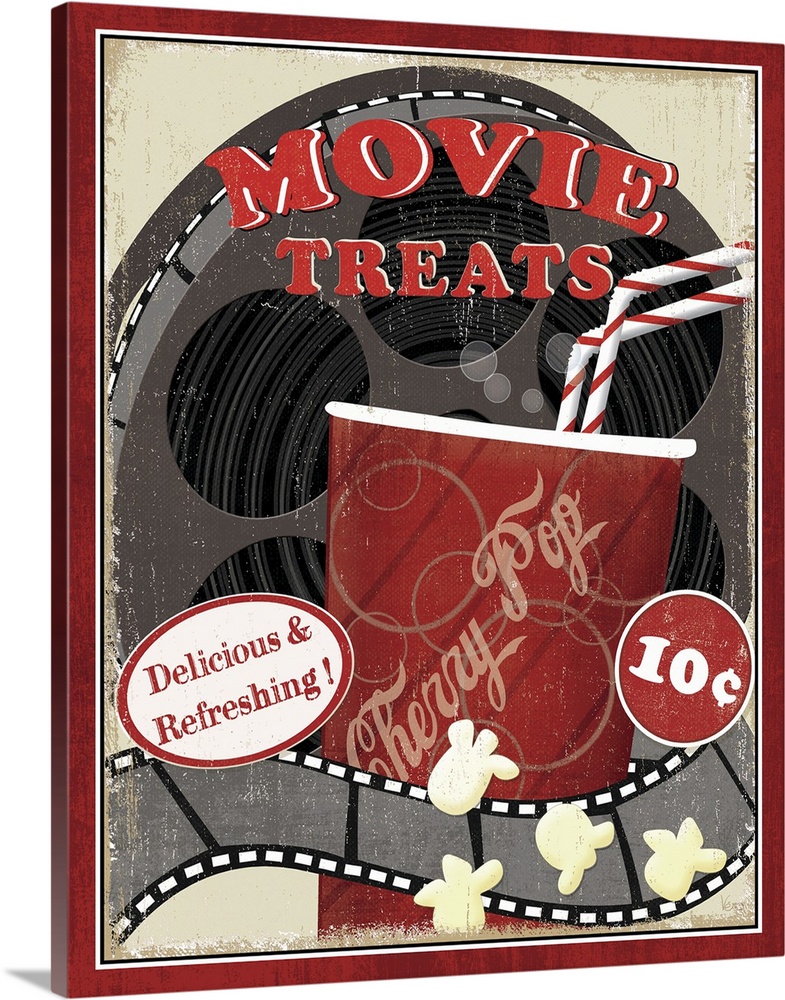 A vintage poster of a movie reel with a cup of soda drawn in front of it and some kernels of popcorn at the bottom.
