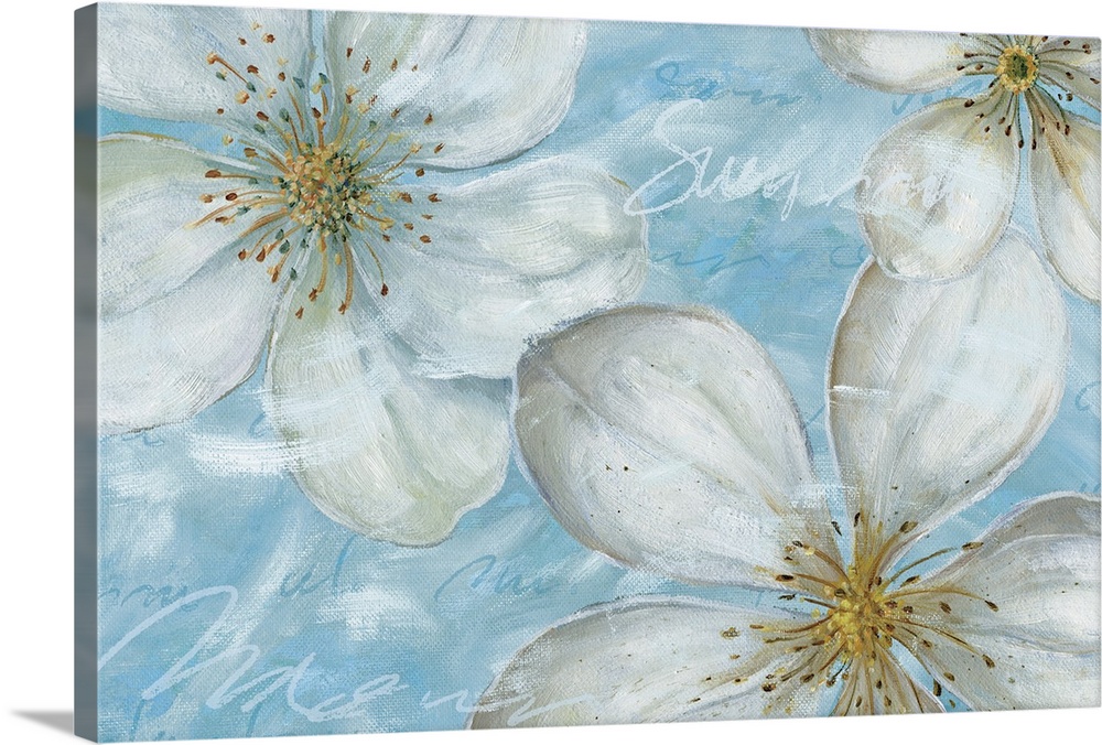 Floral drawing of three large magnolia blossoms on a textured blue background.