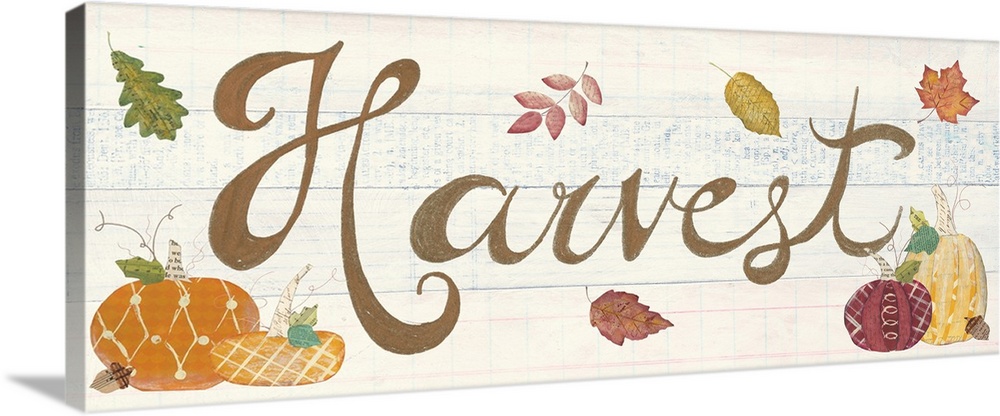 Decorative artwork of the word "Harvest" with fall leaves and pumpkins and a white wood background.