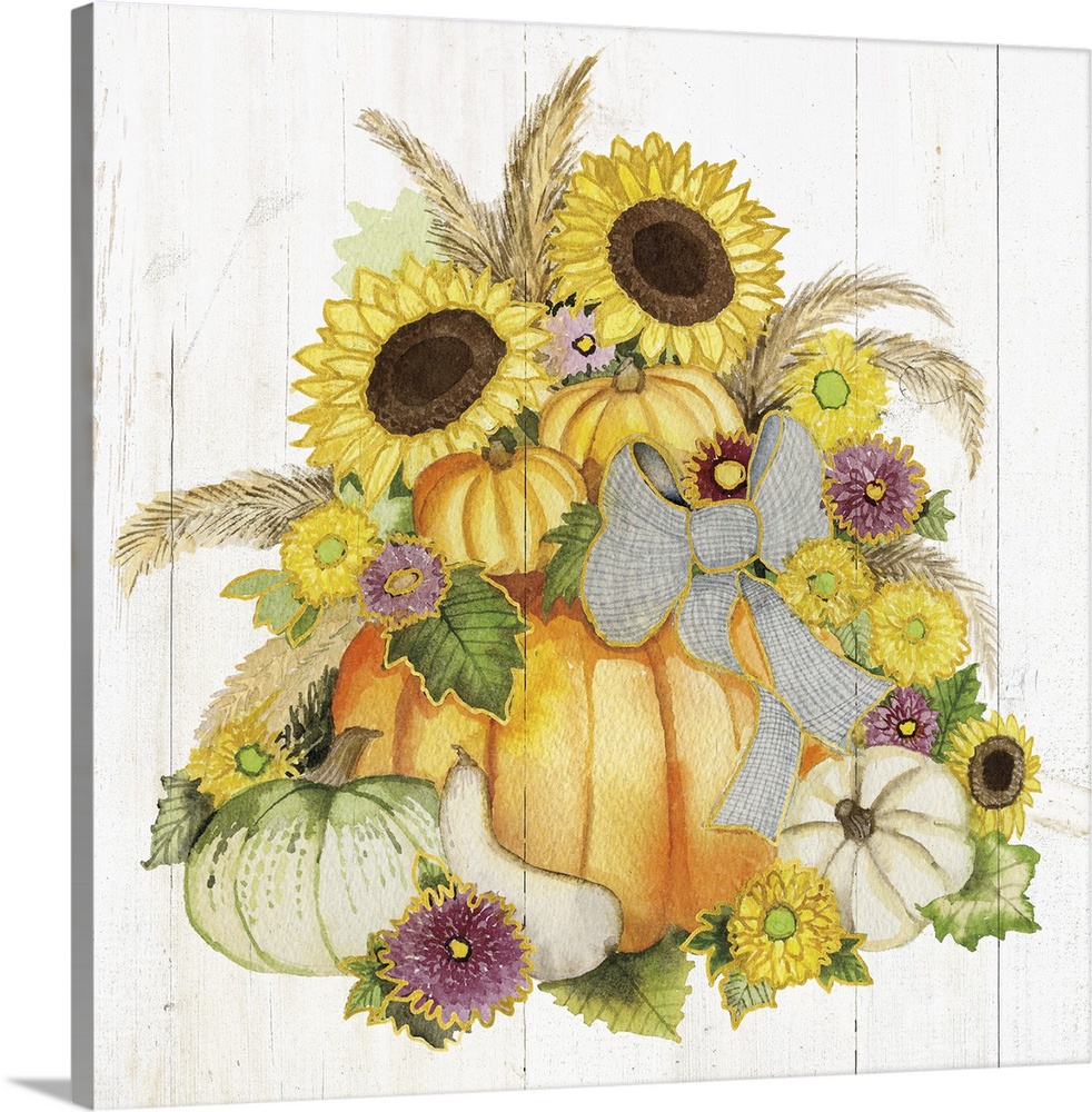 A square Fall decorative piece with an arrangement of flowers and pumpkins on a white wood paneled background.