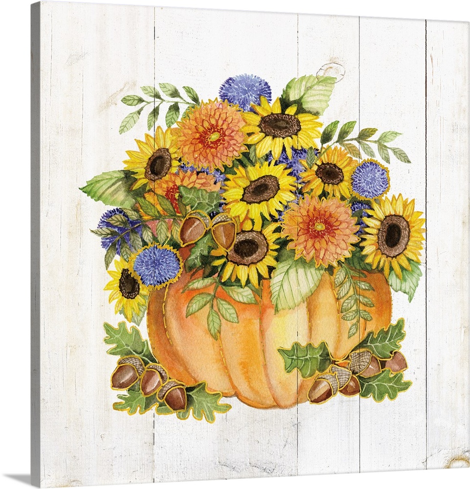 A square Fall decorative piece with an arrangement of flowers and pumpkins on a white wood paneled background.