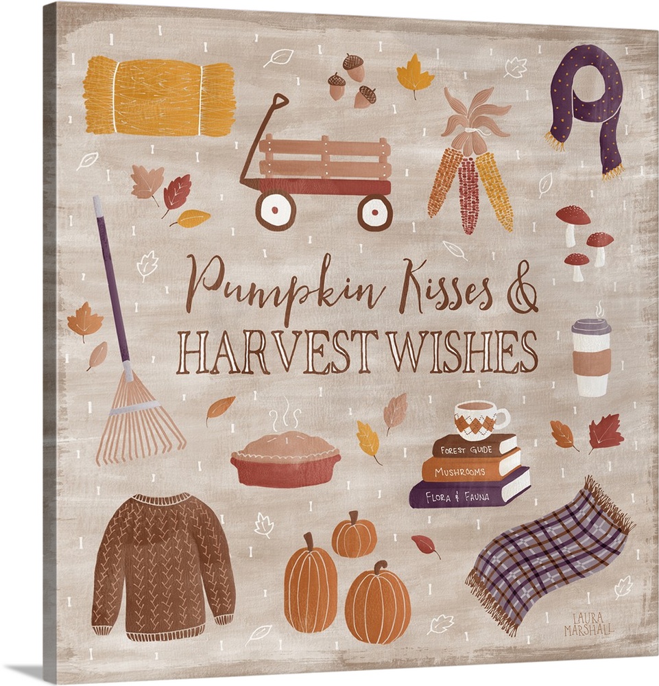 Seasonal decor with cute illustrations of all things Fall and the text "Pumpkin Kisses and Harvest Wishes" written in the ...